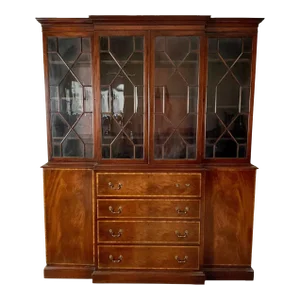Mid 20th Century Vintage Mahogany Breakfront China Cabinet With Drop Down Secretary Desk