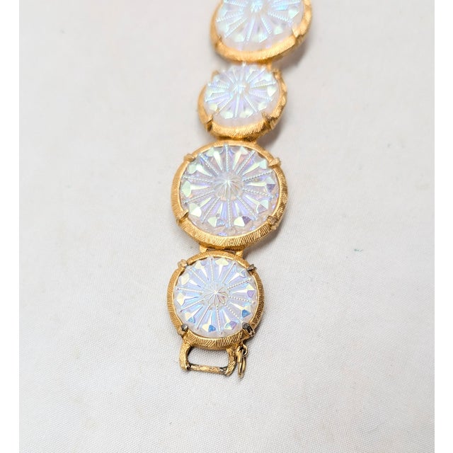 Metal Vintage 1960s Signed Hobe Goldtone Round Iridescent Rhinestone Link Bracelet For Sale - Image 7 of 9
