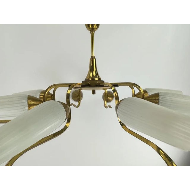 Beige Vintage Brass and Glass Chandelier, 1960s For Sale - Image 8 of 12