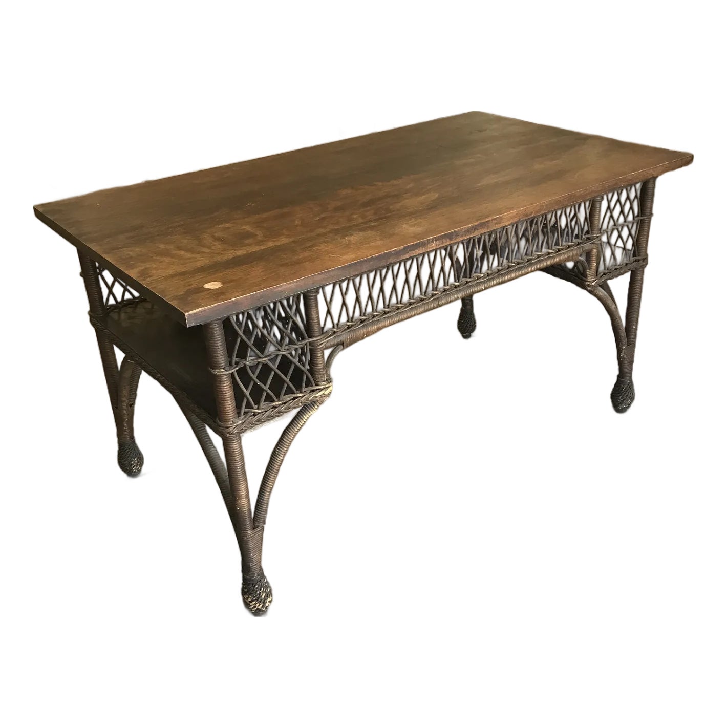 Antique Wicker and Wood Top Library Table With Side Shelves | Chairish