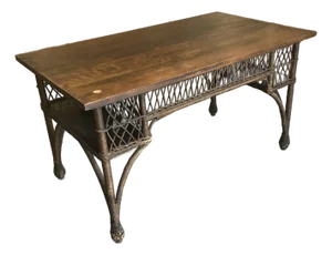 Antique Wicker and Wood Top Library Table With Side Shelves