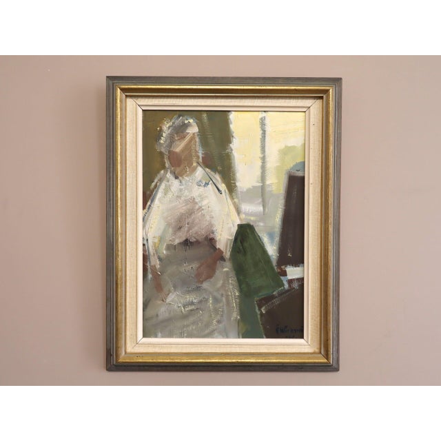 THE WINDOW SEAT Oil on board Size: 16.3 x 13 inches (including frame) A compelling mid-century figurative work depicting a...