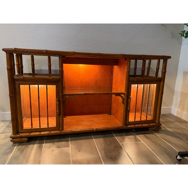 Vintage Bamboo and Glass Lighted Console Cabinet Palm Beach Regency, Bar/ Entertainment Console For Sale - Image 9 of 12