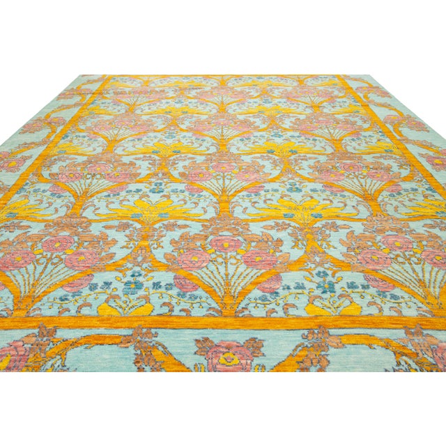 Blue 12 X 15 Modern Oushak Style Wool Rug in Light Blue Features Allover Pattern For Sale - Image 8 of 9