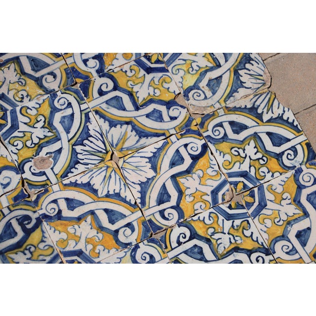 Ceramic 17th Century Portuguese Antique Tiles Set of 40 Blue, Yellow & White Geometric Floral For Sale - Image 7 of 18