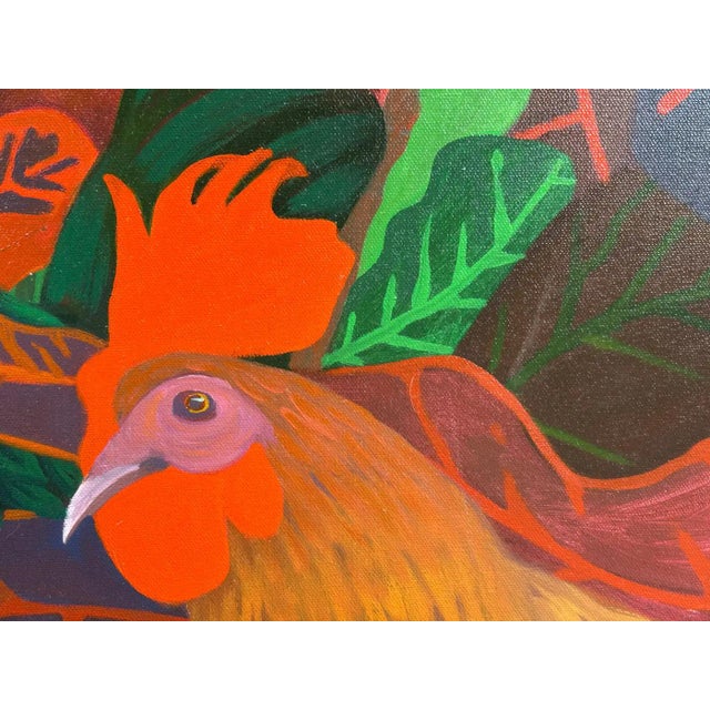 Contemporary Marc Zimmerman "Lost and Found Chickens" Oil Painting, Tropical Chickens in Botanical Setting, Deep Green and Red, Contemporary Art West Coast For Sale - Image 3 of 11