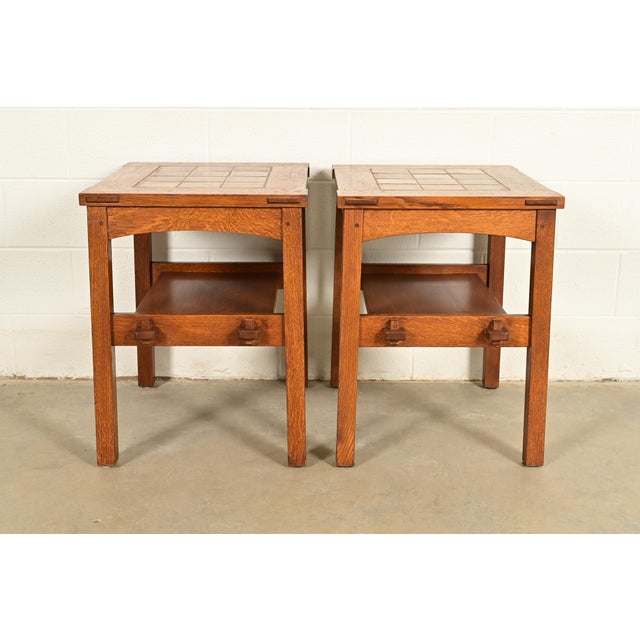 Stickley Mission Oak Arts & Crafts Tile Top Two-Tier Side Tables, Pair For Sale - Image 9 of 11