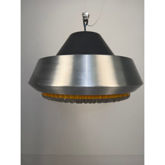1970s Space Age Pendant Lamp in Brushed Aluminium and Amber Pressed Glass, 1970s For Sale - Image 5 of 12