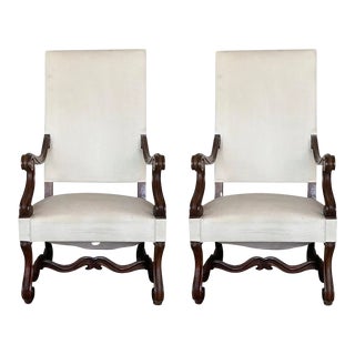 Louis Xvi Style Spanish Pair of Carved Walnut Armchairs, 1900s For Sale