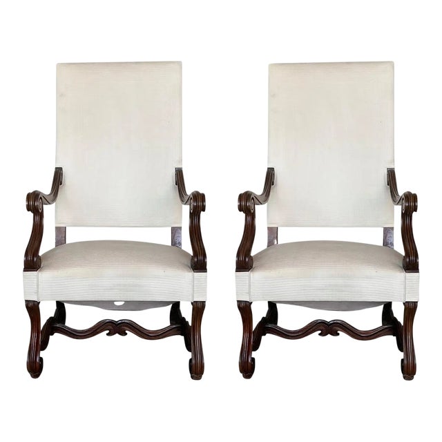 Louis Xvi Style Spanish Pair of Carved Walnut Armchairs, 1900s For Sale