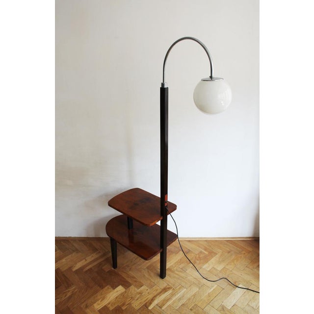 Metal Modernist Floor Lamp in Glass, Wood, and Steel with Shelves, 1950s For Sale - Image 7 of 16