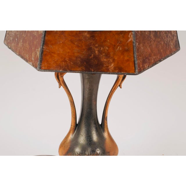 Vintage Art Nouveau Crane Lamp With a Nautical Sailing Ship Mica Shade For Sale - Image 4 of 7