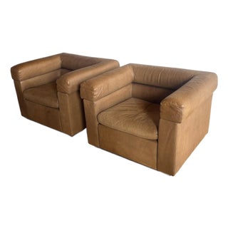 Set of 2- Brown Genuine Leather Club Chairs, 1980s For Sale
