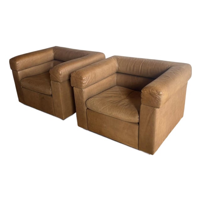 Set of 2- Brown Genuine Leather Club Chairs, 1980s For Sale