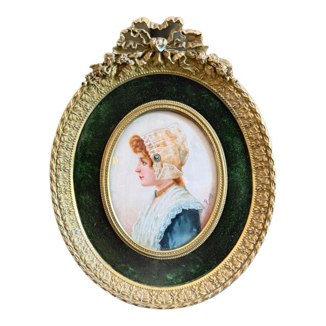 Late 19th Century Rare Signed Antique French Louis XVI Style Miniature Portrait in Ormolu Frame Signed Bussy For Sale