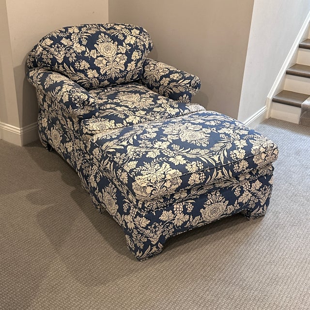 Blue and White Chair and Ottoman A generously sized club chair with a plush and cushy down back cushion for sink-in...