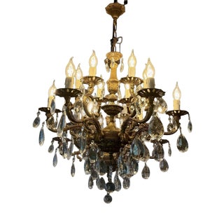 Antique Gilded 12-Light Crystal Chandelier, 1890s For Sale