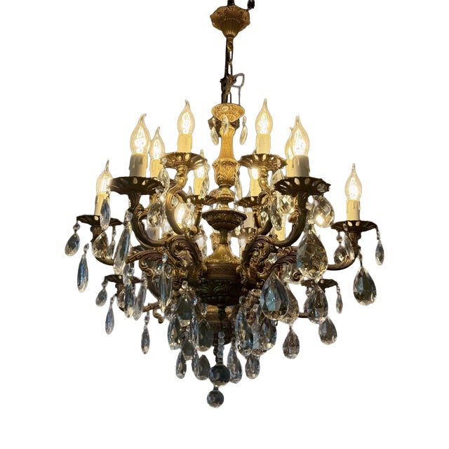 Antique Gilded 12-Light Crystal Chandelier, 1890s For Sale