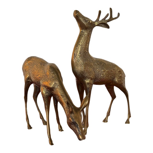 Mid 20th Century Hollywood Regency Large Brass Deer Sculptures - Set of 2 For Sale