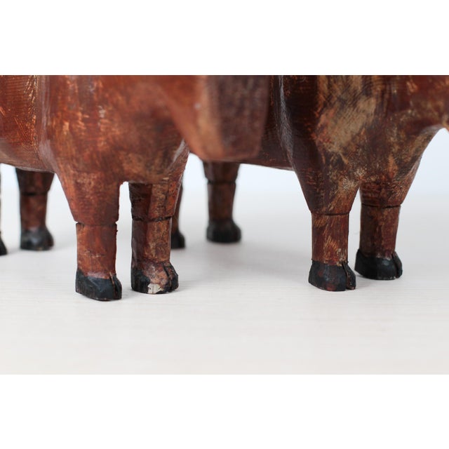 Mid-Century Folk Art Hand-Carved Wooden Bull Sculptures For Sale - Image 9 of 16