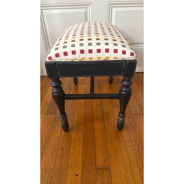 French Country 1960s Petite Painted Wood Bench With Upholstered Seat For Sale - Image 3 of 11