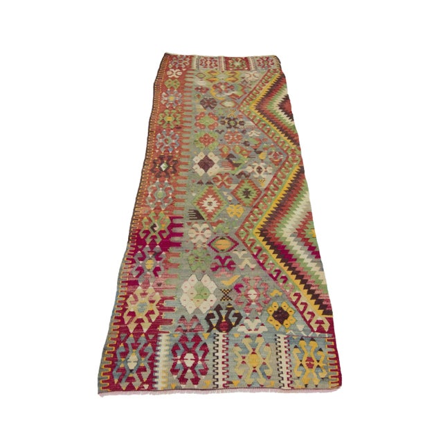 Vintage handwoven kilim rug from denizli region of Turkey. Approximately 50-60 years old. In very good condition