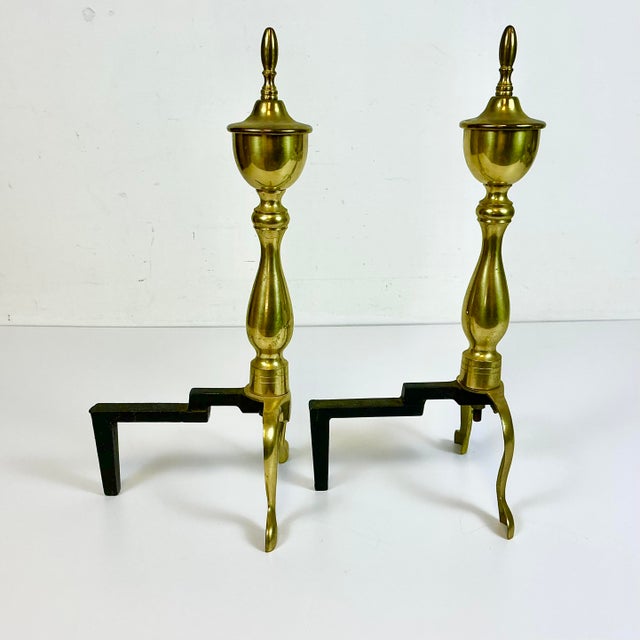 Brass Mid-Century Traditional Federal Arts & Crafts Brass Andirons - A Pair For Sale - Image 8 of 12