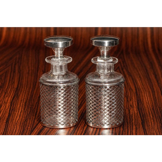 Art Nouveau Sophisticated Pair Antique Crystal Perfume Scent Cologne Bottles Sterling Silver Grillwork Sleeves Home Decor For Sale - Image 3 of 14