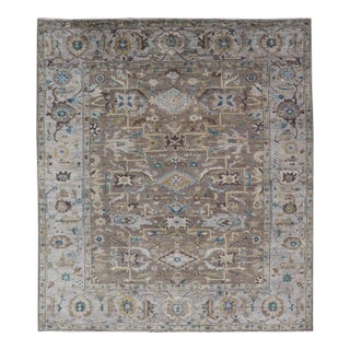 Modern Heriz Geometric Rug in Earthy Browns and Soft Blues 9'0 X 10'6 For Sale