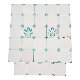 1900s Antique Portuguese White & Green Floral Art Nouveau Tiles, Large Set of 29 For Sale
