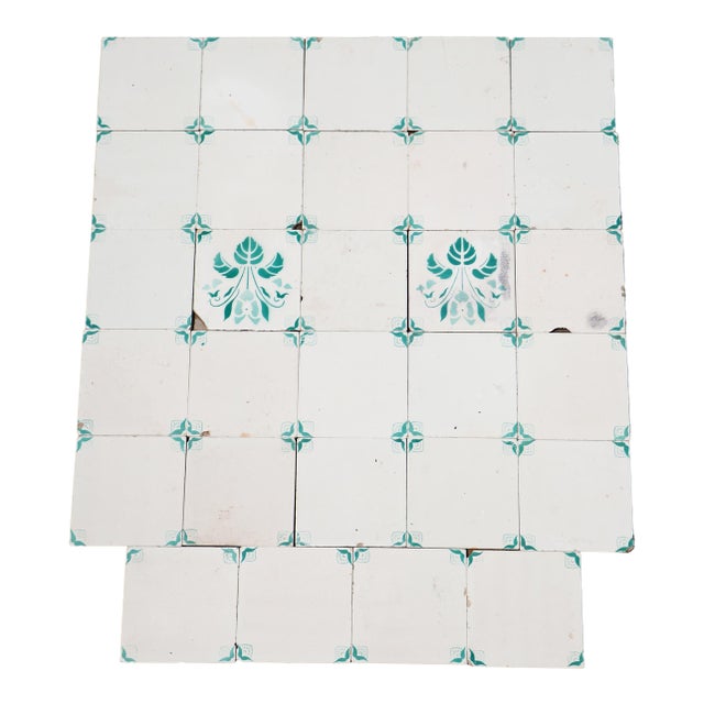 1900s Antique Portuguese White & Green Floral Art Nouveau Tiles, Large Set of 29 For Sale