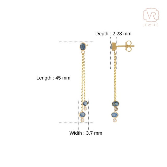 18k Gold Linear Drop Dangle Earrings With 1.2ct Blue Sapphire & Diamond- A Pair For Sale - Image 10 of 14
