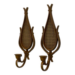 1960s Boho Chic Syroco Homco Faux Bamboo and Cane Candle Holder Scones - a Pair. For Sale