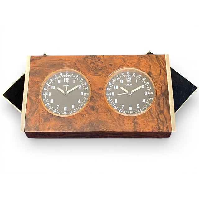 Linley Walnut Burl and Chrome Dual-Time Desk Clock, 2005 For Sale - Image 9 of 18