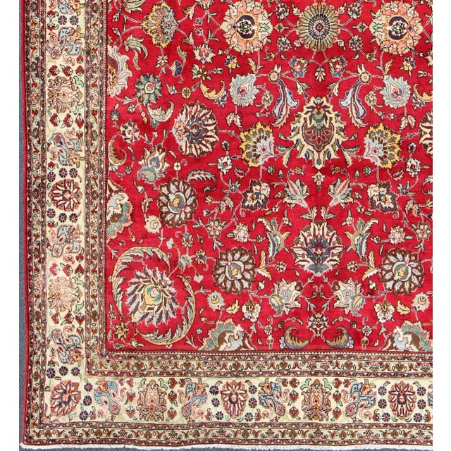 Semi Antique Persian Tabriz Rug with All-Over Blossom Design In Red and Ivory. Keivan Woven Arts / rug H-411-83, country...