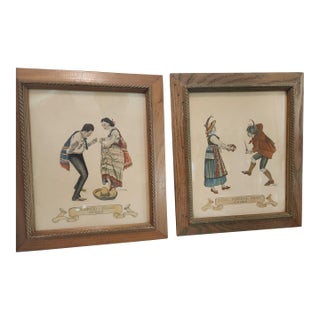 Vintage Hand-Painted Prints of Traditional Dance - Mexico & Austria Pair For Sale
