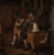This small and charming oil on canvas depicts a young boy sitting on an older man’s knee, drinking from a beer stein. The...