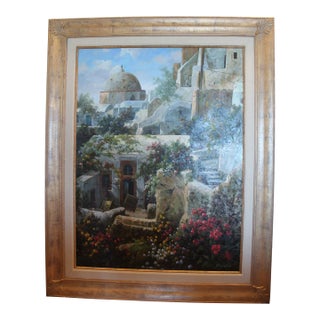 Late 20th Century Large Mediterranean Village Landscape — Oil on Canvas, 48” × 60” For Sale