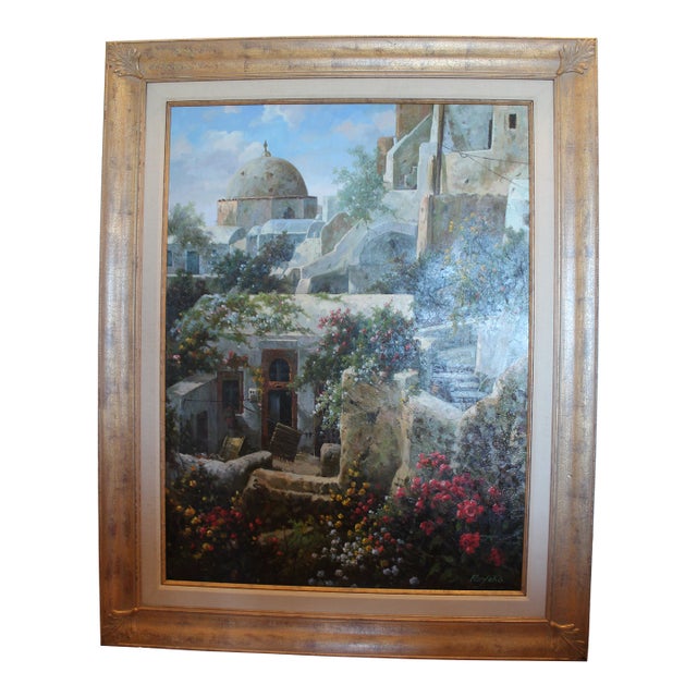 Late 20th Century Large Mediterranean Village Landscape — Oil on Canvas, 48” × 60” For Sale