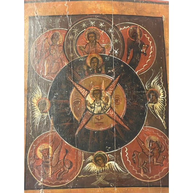 A striking 19th-century Russian icon depicting the mystical “All-Seeing Eye of God,” symbolizing divine omniscience and...