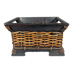 Vintage Wood Wicker Rattan Storage Basket Asian Pedestal Magazine Stand Handles