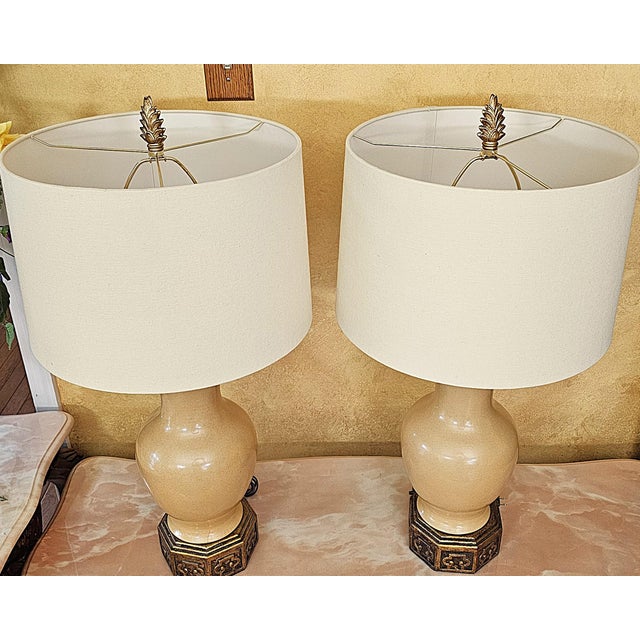 Port 68 Pair of Port 68 Mark Abrams Cream Ceramic Urn Table Lamps With Linen Drum Shades For Sale - Image 4 of 18