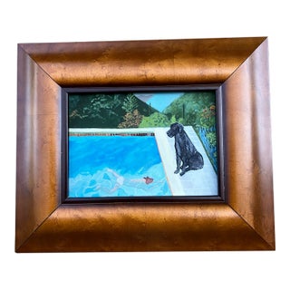 Contemporary Hockney Inspired Black Lab Small Dog Print by Judy Henn Framed For Sale