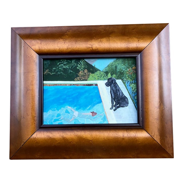 Contemporary Hockney Inspired Black Lab Small Dog Print by Judy Henn Framed For Sale