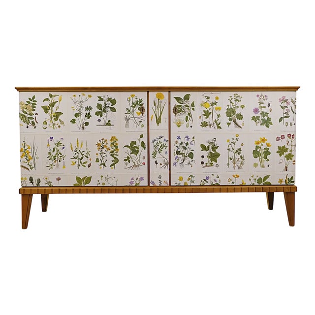 Swedish Modern Sideboard with Nordens Flora Illustrations, 1930s For Sale