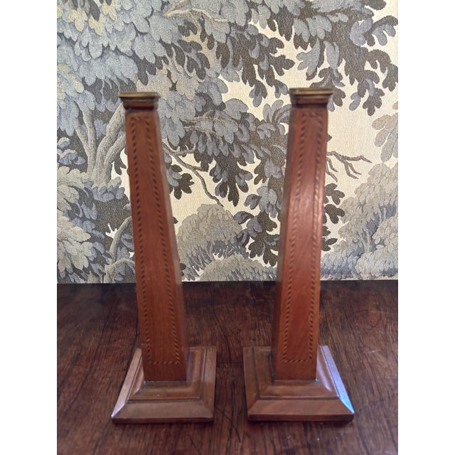 Neoclassical Pair of 19th Century Obelisk Candlesticks With Marquetry Inlays For Sale - Image 3 of 5