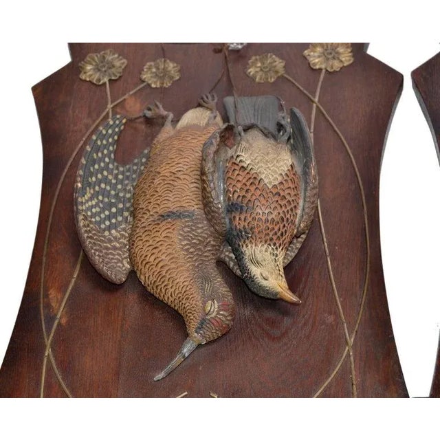 Brown Two Antique Black Forest Terracotta Pheasant Birds Wall Plaque Fine Art Oak Wood For Sale - Image 8 of 13