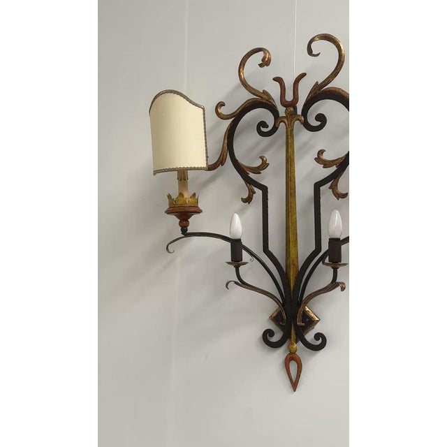 Metal Vintage Italian Florentine Wrought Iron and Toleware Wall Sconce For Sale - Image 7 of 8
