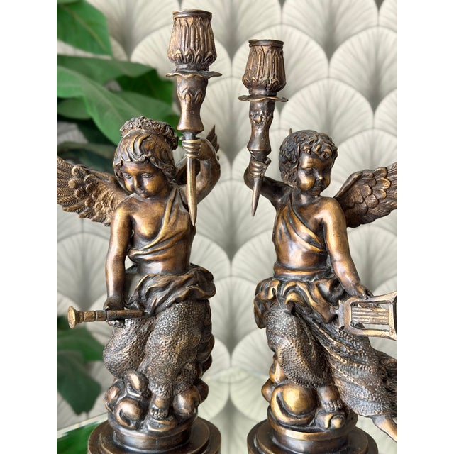 Antique Art Nouveau Brass Bronze Cherub Cupid Angel Candlestick Holder Sculptures Approximate Dimensions: 13 3/4 – 14 3/8"...