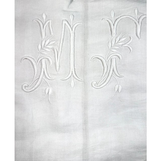 Linen Antique French Heavy Linen Sheet, Mf Monogram, Hand Embroidered, Center Seam, Circa 1900 For Sale - Image 8 of 11